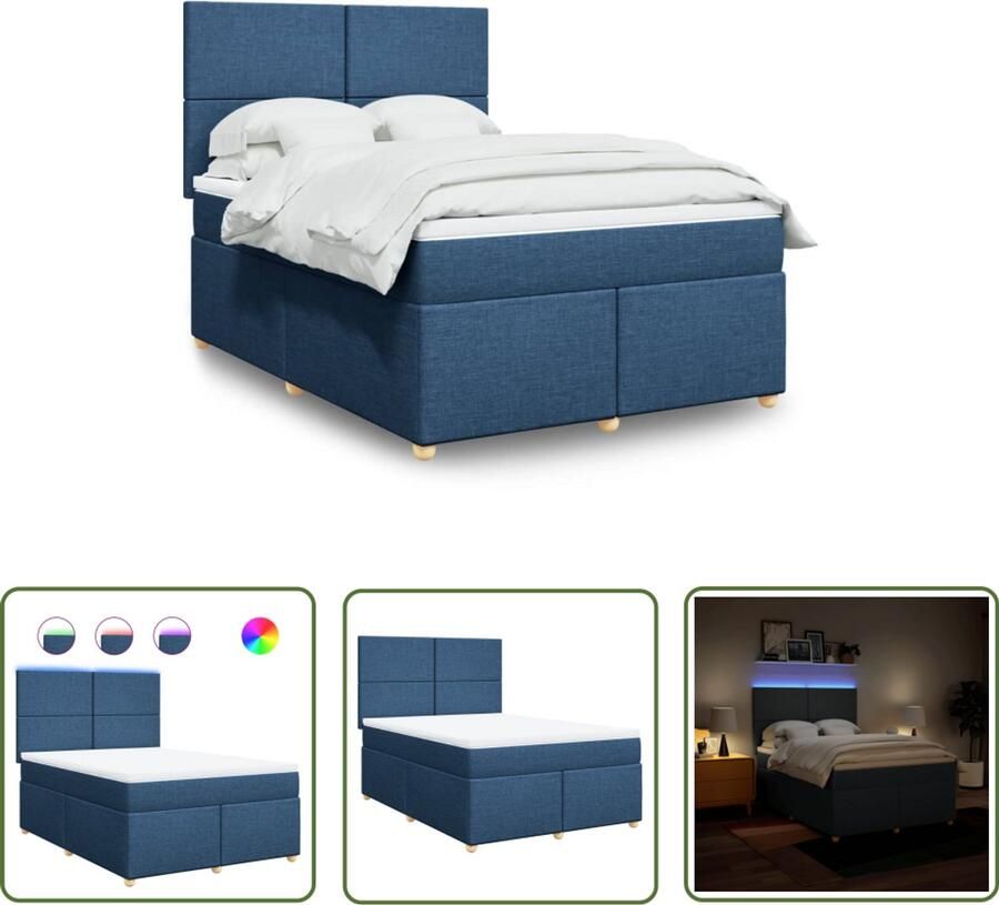 VidaXL Boxspring met matras stof blauw 140x200 cm Boxspring Matras Bed Frame Led Verlichting Hoofdbord