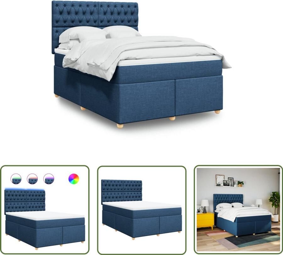 VidaXL Boxspring met matras stof blauw 140x200 cm Boxspring Matras Slaapcomfort Led Verlichting Hoofdbord