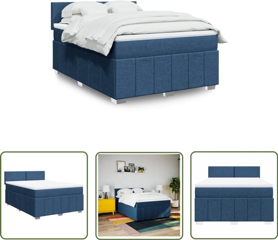 VidaXL Boxspring met matras stof blauw 160x200 cm Boxspring Matras Bed Frame Slaapcomfort Pocketvering