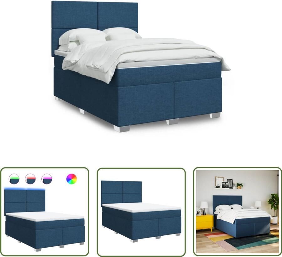 VidaXL Matras Boxspring met matras stof blauw 160x200 cm Led Verlichting Hoofdbord Pocketvering