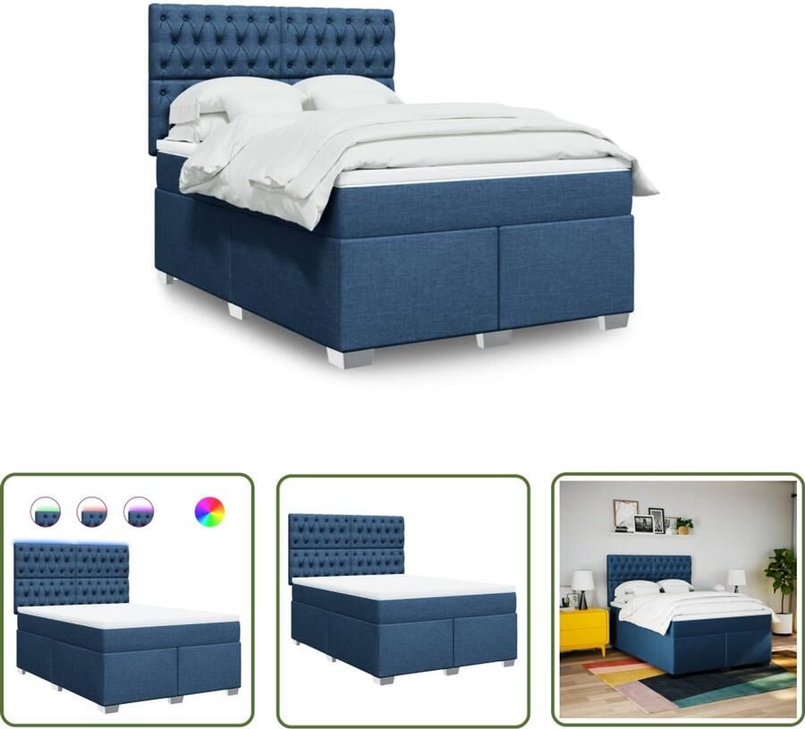 VidaXL Matras Boxspring met matras stof blauw 160x200 cm Led Verlichting Hoofdbord Pocketvering