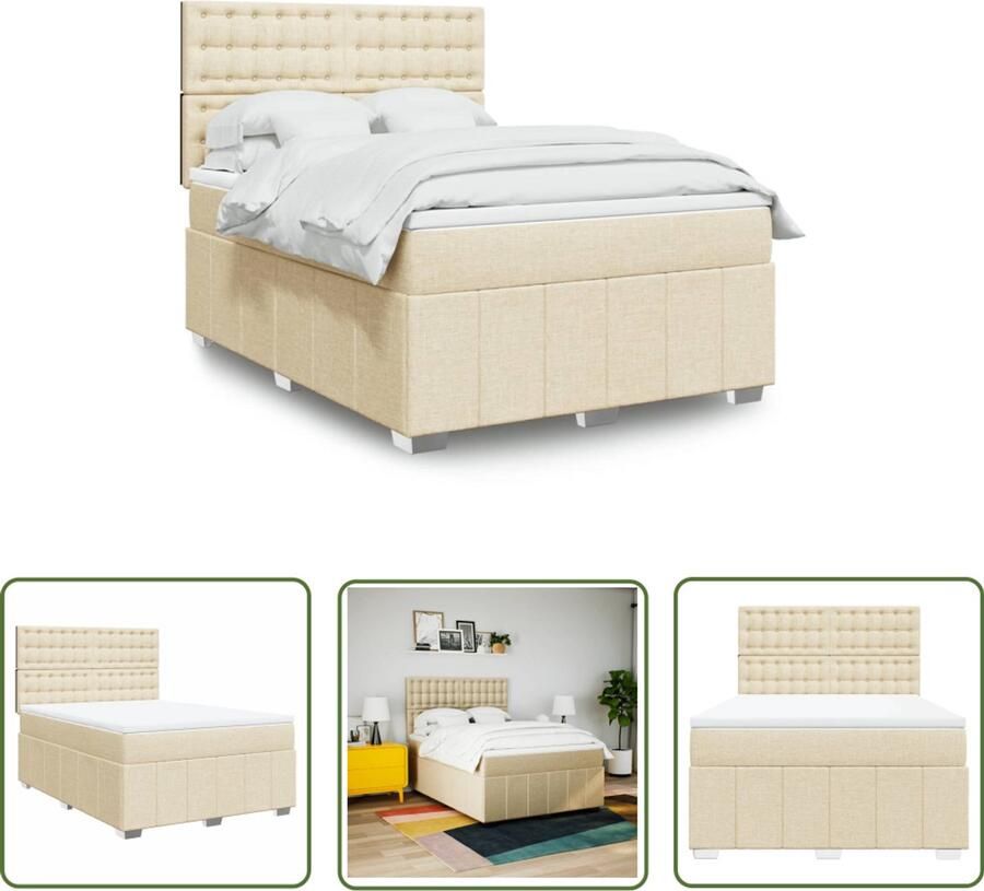VidaXL Matras Boxspring met matras stof crèmekleurig 140x200 cm Bed Frame Hoofdbord Pocketvering