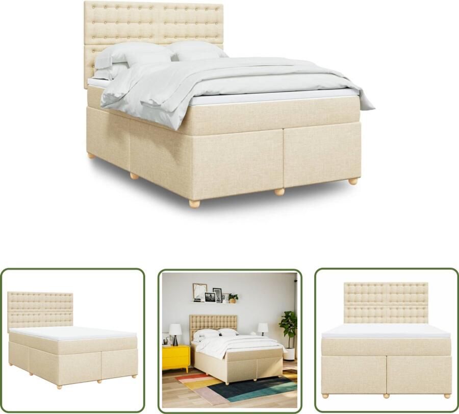 VidaXL Matras Boxspring met matras stof crèmekleurig 140x200 cm Pocketvering Bed Frame Hoofdbord