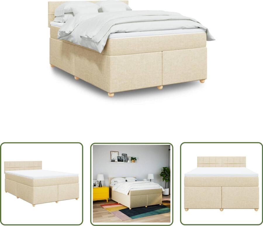 VidaXL Matras Boxspring met matras stof crèmekleurig 160x200 cm Bed Frame Creme Kleur Houten Bed