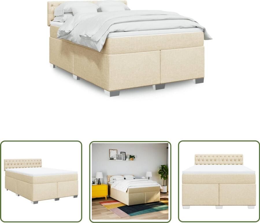 VidaXL Matras Boxspring met matras stof crèmekleurig 160x200 cm Boxspringbed Slaapcomfort Pocketvering