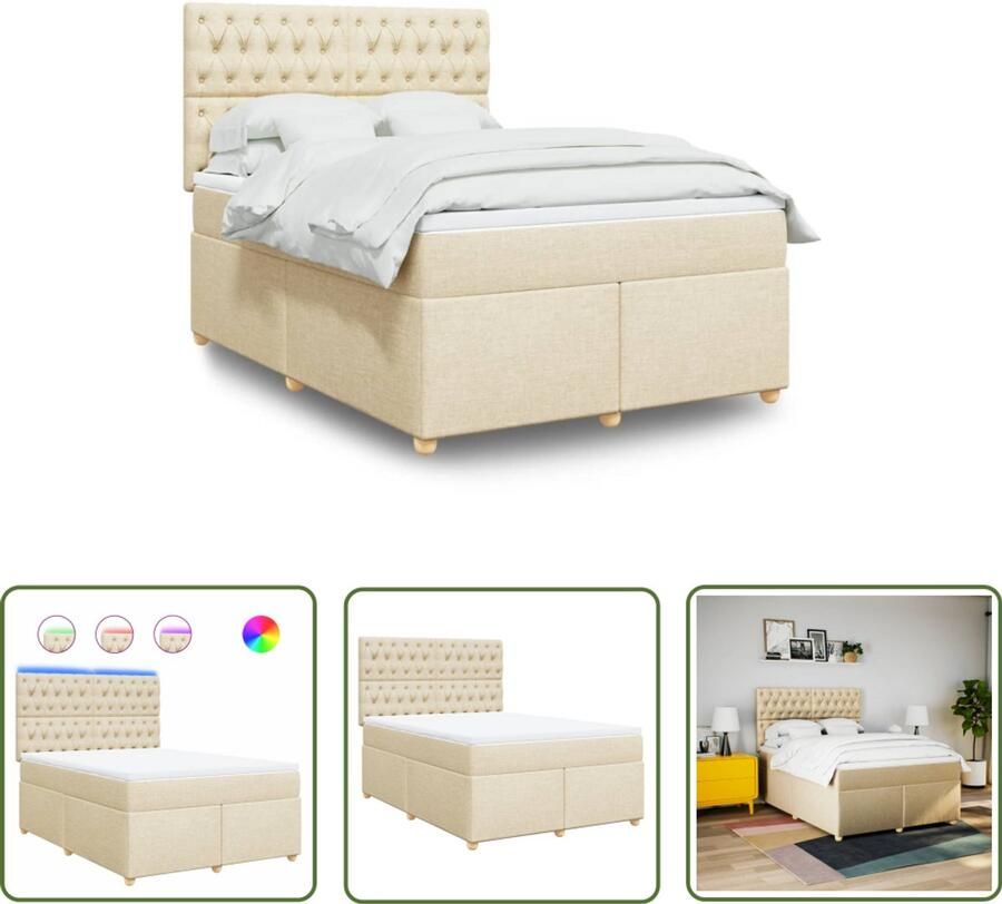 VidaXL Matras Boxspring met matras stof crèmekleurig 160x200 cm Led Verlichting Hoofdbord Pocketvering