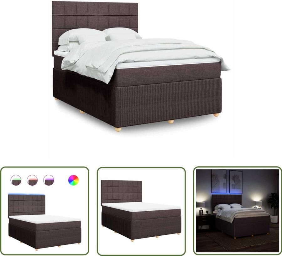 VidaXL Boxspring met matras stof donkerbruin 140x190 cm Boxspring Matras Led Verlichting Hoofdbord Pocketvering