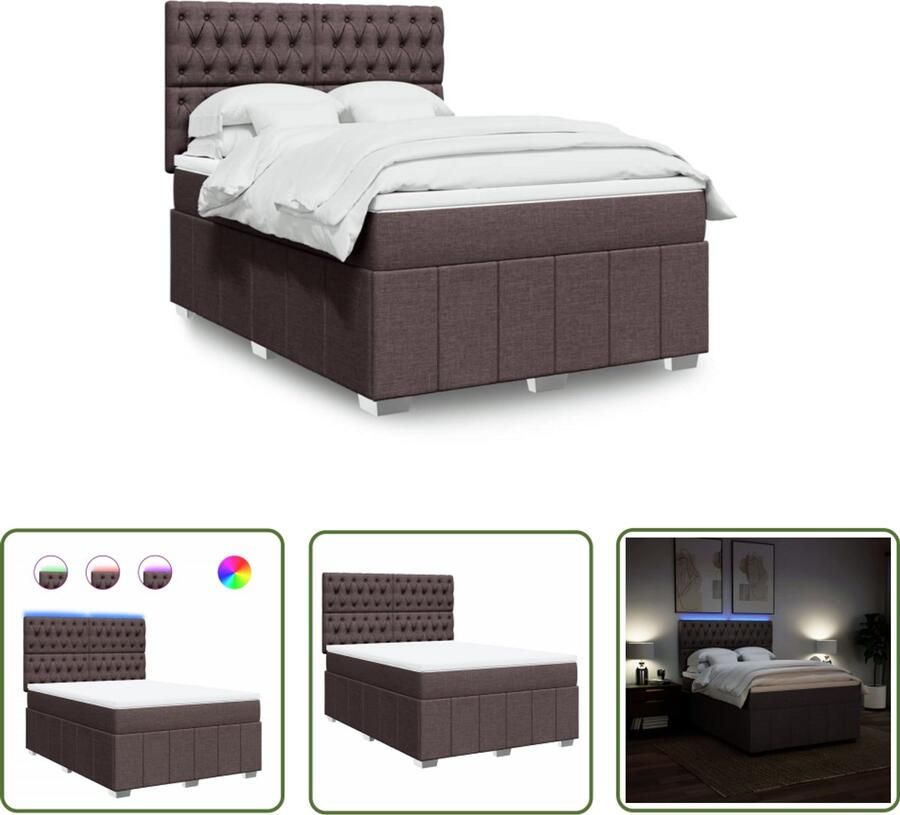 VidaXL Matras Boxspring met matras stof donkerbruin 140x200 cm Led Verlichting Bedroom Furniture Dark Brown