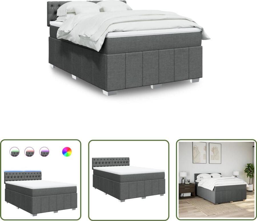 VidaXL Boxspring met matras stof donkergrijs 160x200 cm Boxspring Matras Led Verlichting Dark Grey Bedroom Furniture