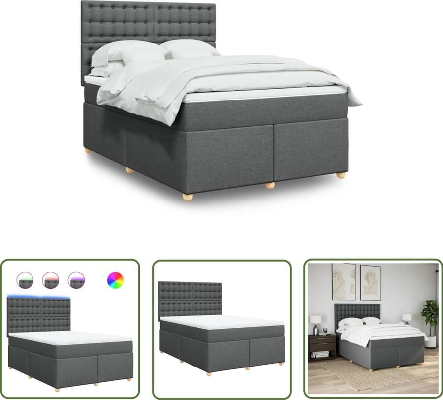 VidaXL Boxspring met matras stof donkergrijs 160x200 cm Boxspring Matras Led Verlichting Hoofdbord Dark Grey
