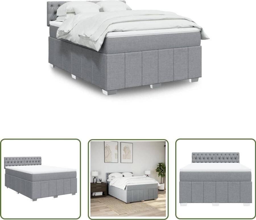 VidaXL Boxspring met matras stof lichtgrijs 140x190 cm Boxspring Matras Pocketvering Bed Frame Hoofdbord