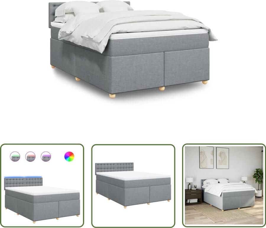 VidaXL Boxspring met matras stof lichtgrijs 140x200 cm Boxspring Matras Led Verlichting Slaapcomfort Bedroom Furniture