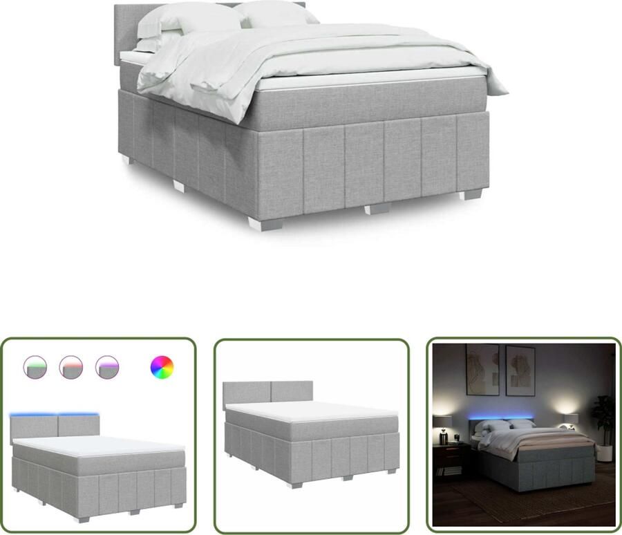 VidaXL Boxspring met matras stof lichtgrijs 140x200 cm Boxspring Matras Led Verlichting Slaapcomfort Bedroom Furniture