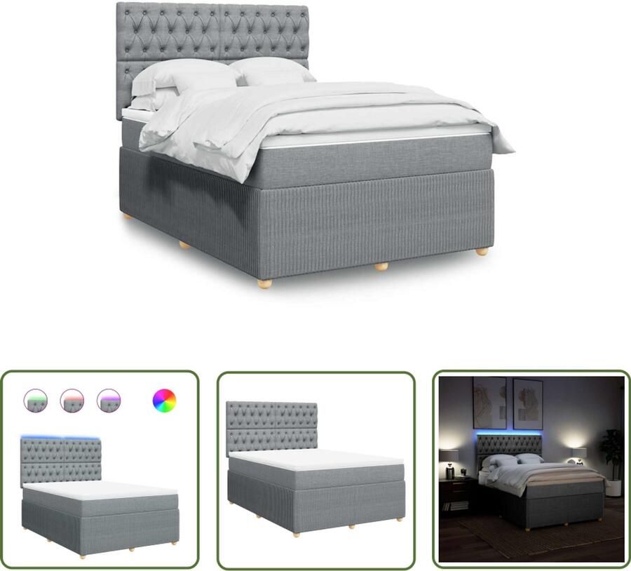 VidaXL Boxspring met matras stof lichtgrijs 160x200 cm Boxspring Matras Led Verlichting Hoofdbord Bedroom Furniture - Foto 2