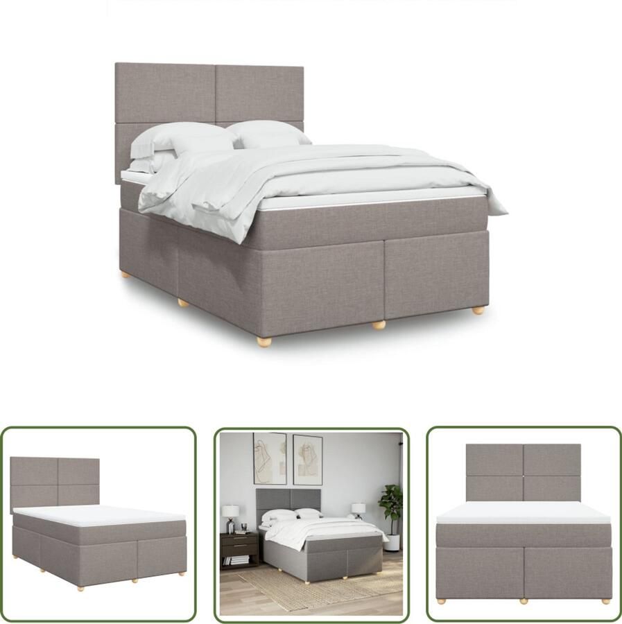 VidaXL Boxspring met matras stof taupe 140x200 cm Boxspring Matras Bed Frame Hoofdbord Pocketvering