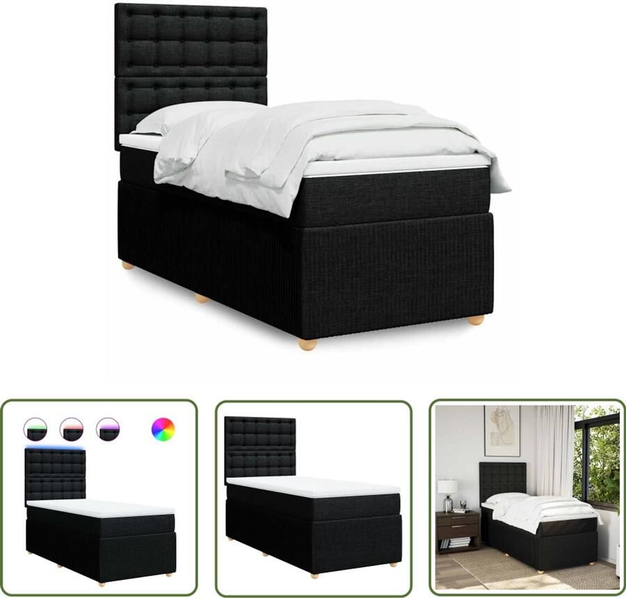 VidaXL Boxspring met matras stof zwart 100x200 cm Boxspring Matras Led Verlichting Hoofdbord Pocketvering