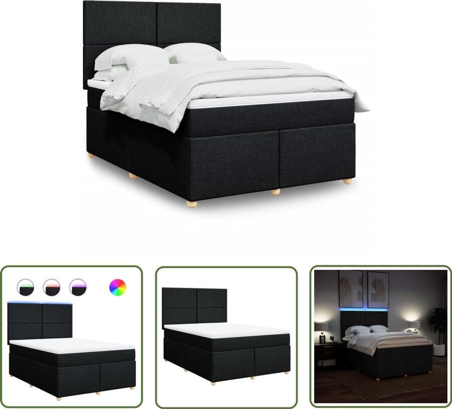VidaXL Boxspring met matras stof zwart 140x190 cm Boxspring Matras Led Verlichting Elektrisch Hoofdbord Pocketvering