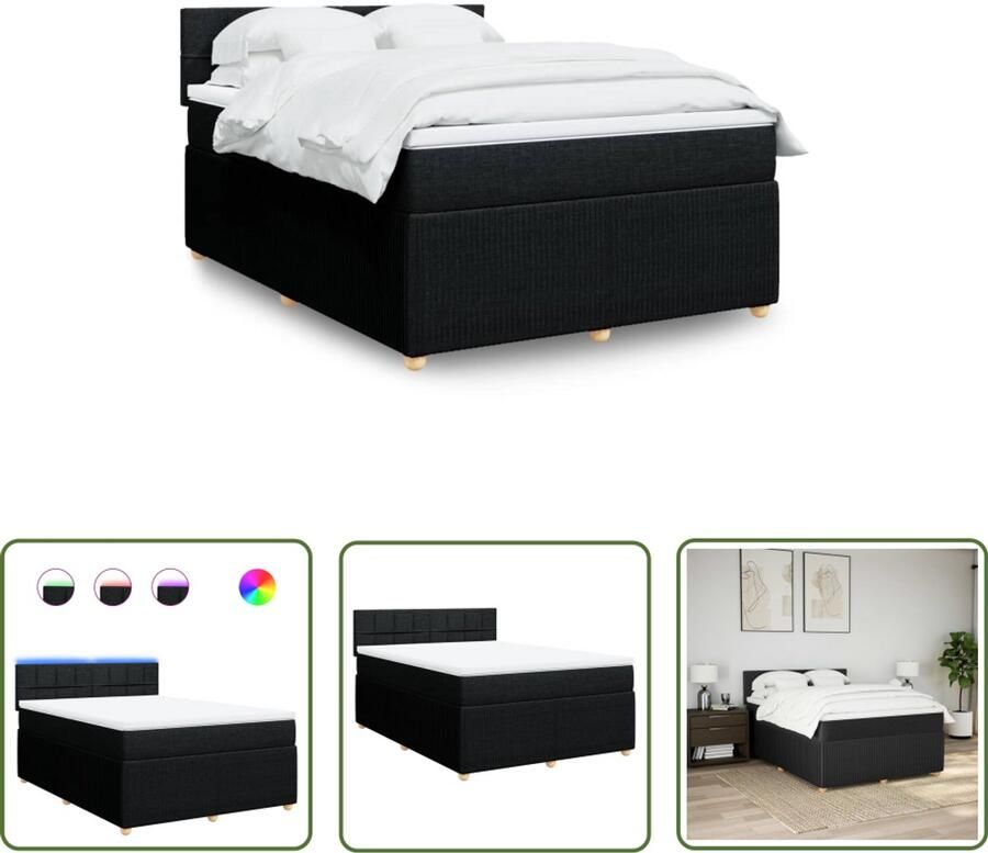VidaXL Boxspring met matras stof zwart 140x190 cm Boxspring Matras Led Verlichting Slaapcomfort Bedroom Decoratie