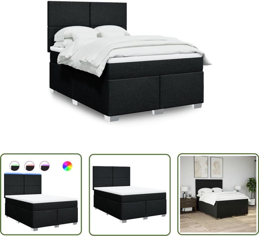 VidaXL Boxspring met matras stof zwart 140x190 cm Boxspring Matras Led Verlichting Zwarte Boxspring Tweepersoons Bed