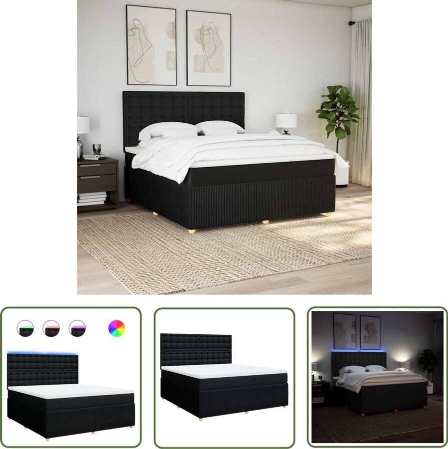 VidaXL Boxspring met matras stof zwart 180x200 cm Boxspring Matras Led Verlichting Hoofdbord Pocketvering