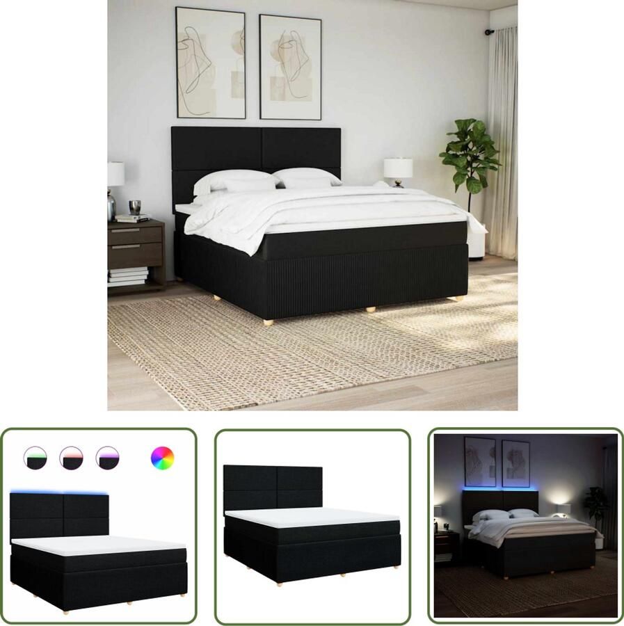 VidaXL Boxspring met matras stof zwart 180x200 cm Boxspring Matras Led Verlichting Hoofdbord Zwarte Boxspring - Foto 2