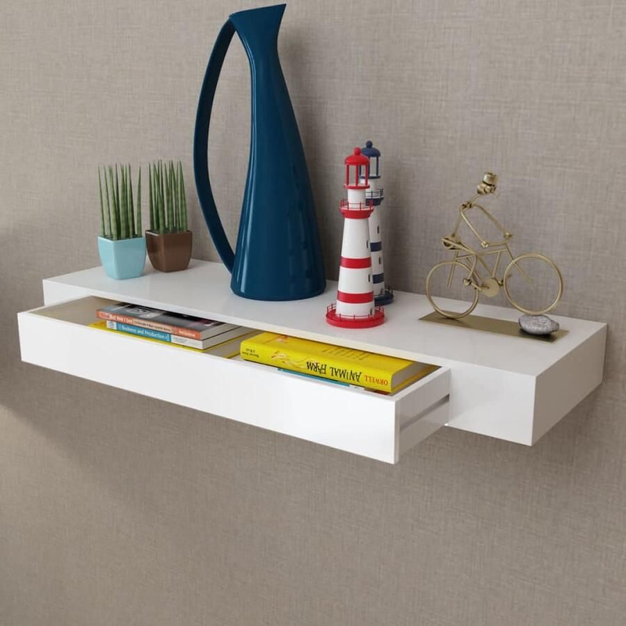 VidaXL Mdf Wandplank Zwevend Wandrek Wandschap met lade zwevend MDF wit Wanddecoratie Opbergwand Minimalistische Decoratie