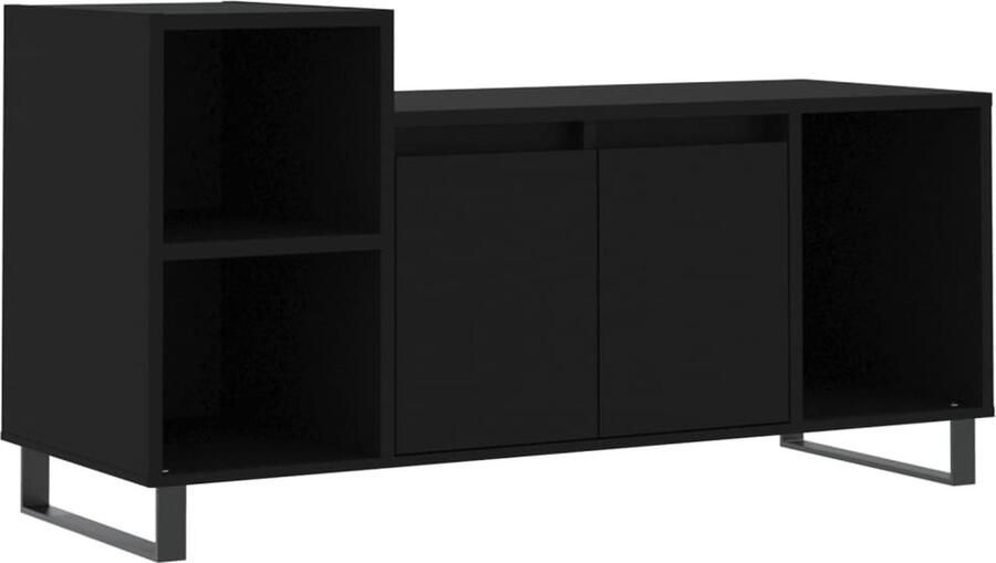 The Living Store TV-meubel Zwarte bewerkt houten mediakast 100 x 35 x 55 cm Tv-meubel Media Kast Salontafel Houtsoort Zwart