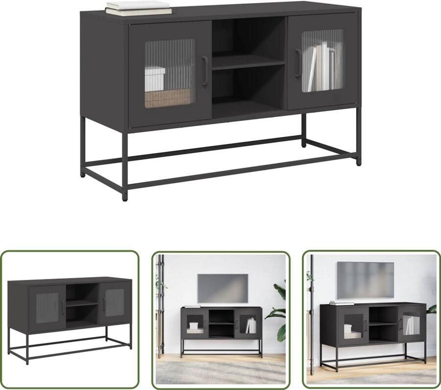 The Living Store Tv-meubel 100 5x39x60 5 cm staal zwart Tv Meubel Media Kast Salontafel Zwarte Tv Stand Industrieel Design