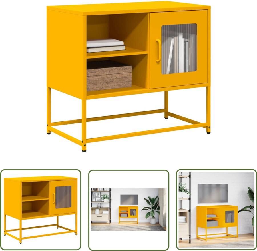 The Living Store Tv-meubel 68x39x60 5 cm staal mosterdgeel Tv Meubel Media Kast Salontafel Industrieel Design Mustard Geel