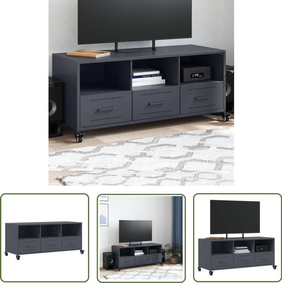 The Living Store Tv-meubel 100 5x39x43 5 cm staal antracietkleurig Tv-meubel Mediakast Salontafel Zwart Metalen Industrieel Design