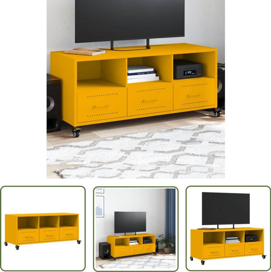 The Living Store Tv-meubel 100 5x39x43 5 cm staal mosterdgeel Tv-meubel Mediakast Mustard Geel Staal Salontafel