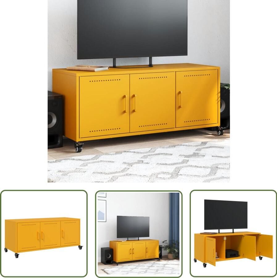 The Living Store Tv-meubel 100 5x39x43 5 cm staal mosterdgeel Tv-meubel Mediakast Mustard Yellow Staal Salontafel
