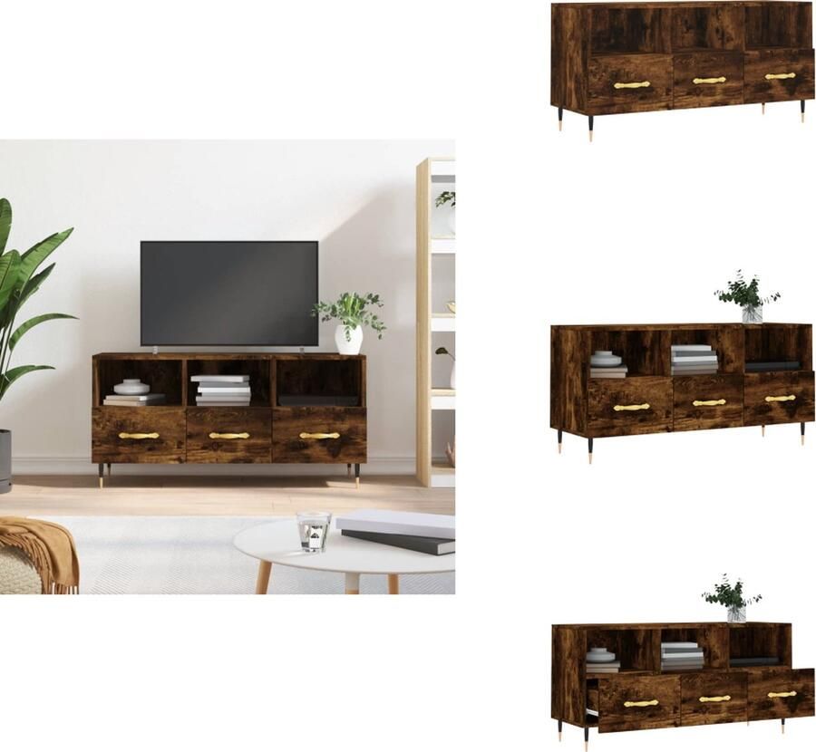 The Living Store TV-meubel Stevige televisiekast Media-kast Afmetingen- 102 x 36 x 50 cm Kleur- Gerookt eiken Materiaal- Bewerkt hout en ijzer Tv-meubel Mediakast Houten Kast Bruine Kast Televisiesecretaris