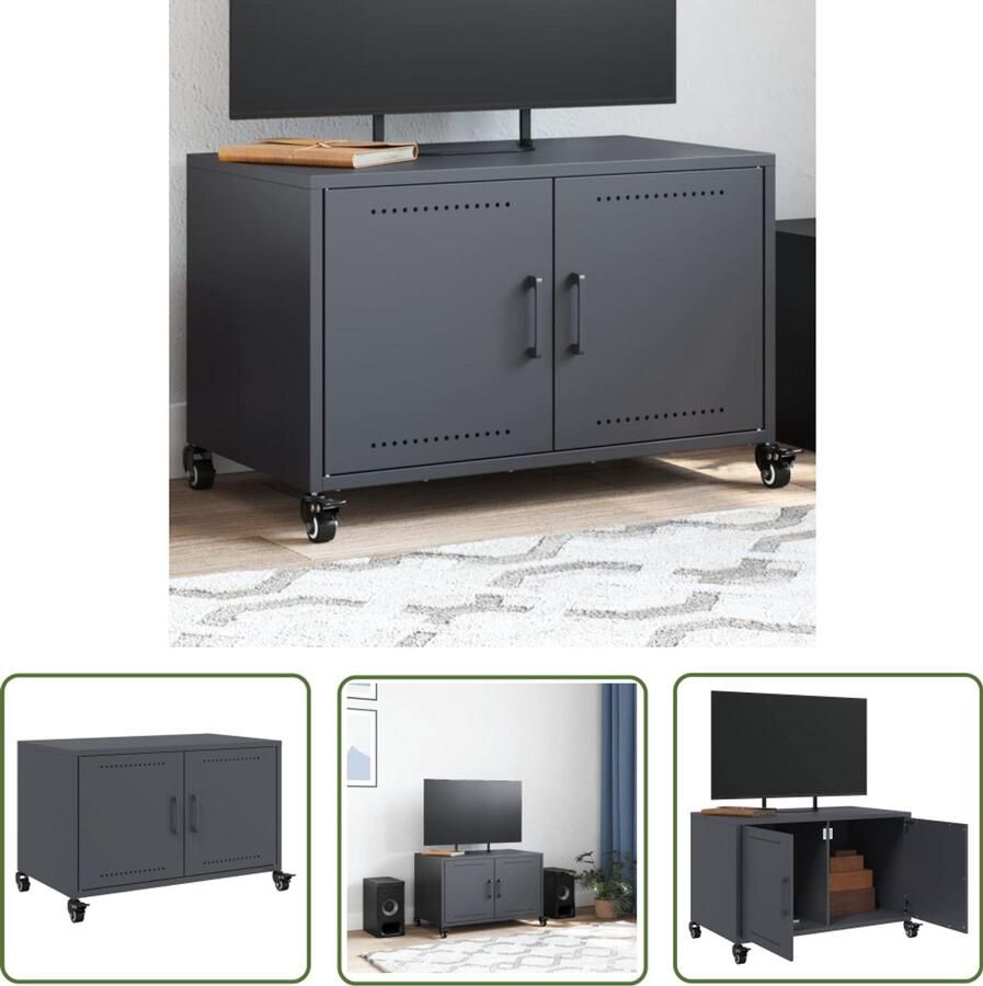 The Living Store Tv-meubel 68x39x43 5 cm staal antracietkleurig Tv-meubel Mediakast Salontafel Zwart Metalen Industrieel Design