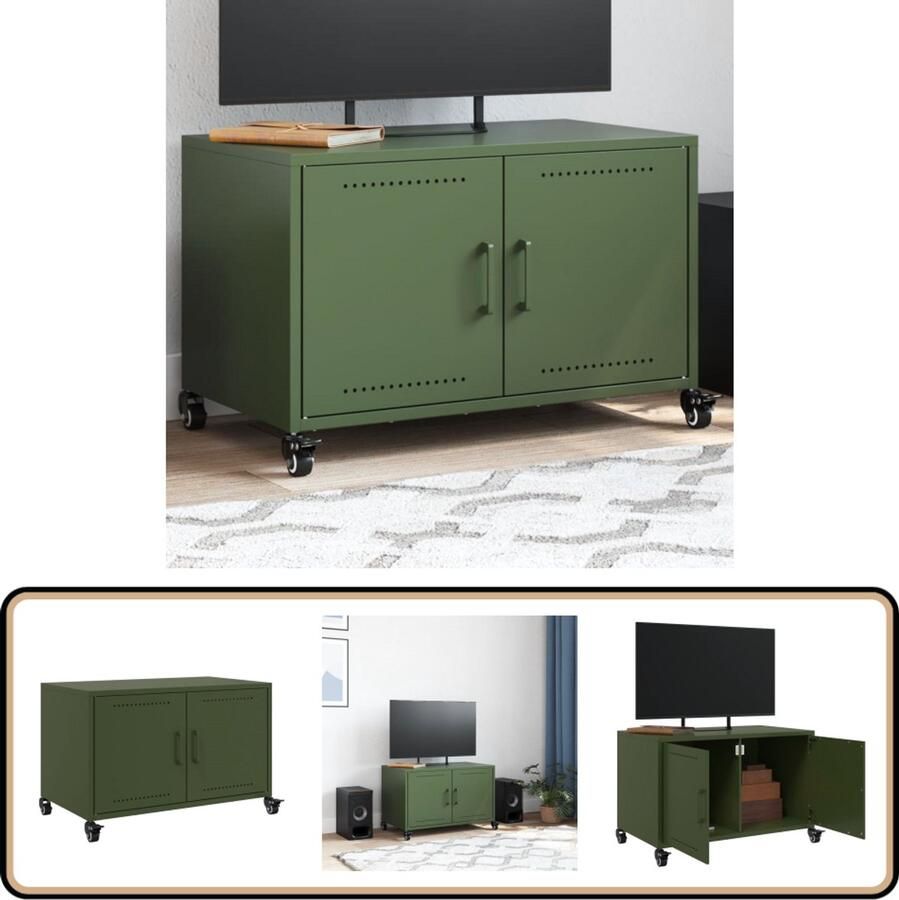 The Living Store Tv-meubel 68x39x43 5 cm staal olijfgroen Tv-meubel Mediakast Staal Groen Olijfgroen