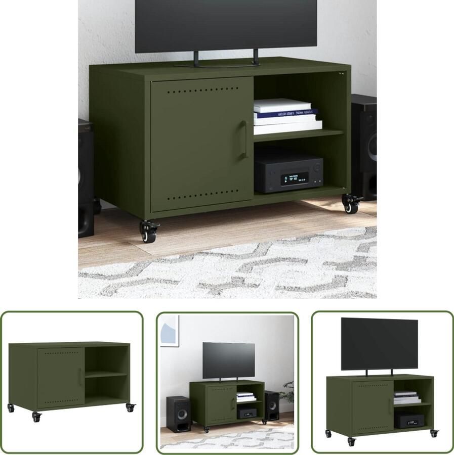 The Living Store Tv-meubel 68x39x43 5 cm staal olijfgroen Tv-meubel Mediakast Staal Olijfgroen Industrieel Design
