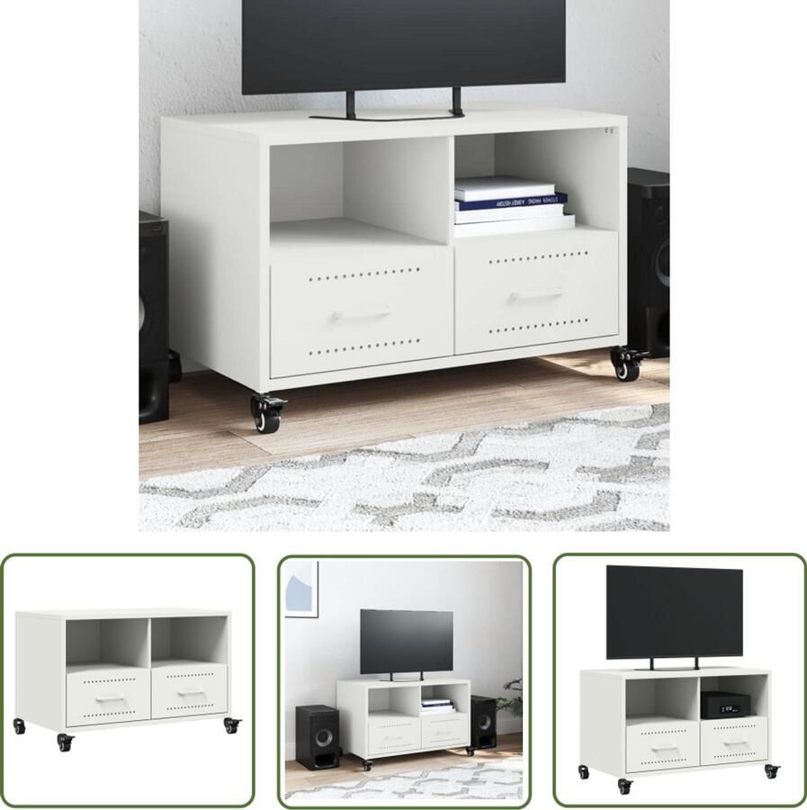 The Living Store Tv-meubel 68x39x43 5 cm staal wit Tv Meubel Mediakast Salontafel Witte Tv Stand Metalen Tv Kast