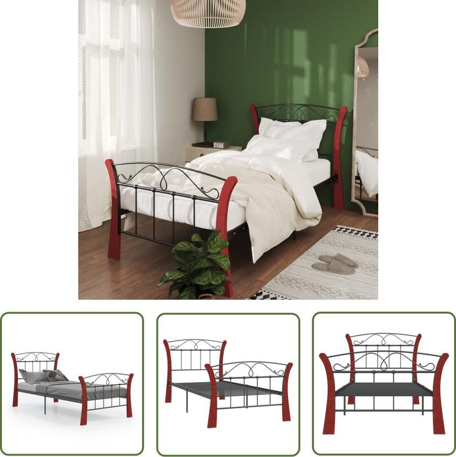 The Living Store Bedframe Comfort Eénpersoonsbed Afmeting- 206 x 90 x 100 cm Kleur- Zwart en Donkerhout Materiaal- Gepoedercoat Metaal en Massief Eikenhout Montage vereist