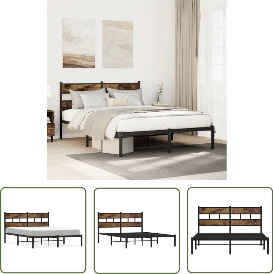 VidaXL Metalen Bed Bedframe zonder matras metaal gerookt eikenkleurig 160x200 cm Houten Bed Boxspring Slaapcomfort