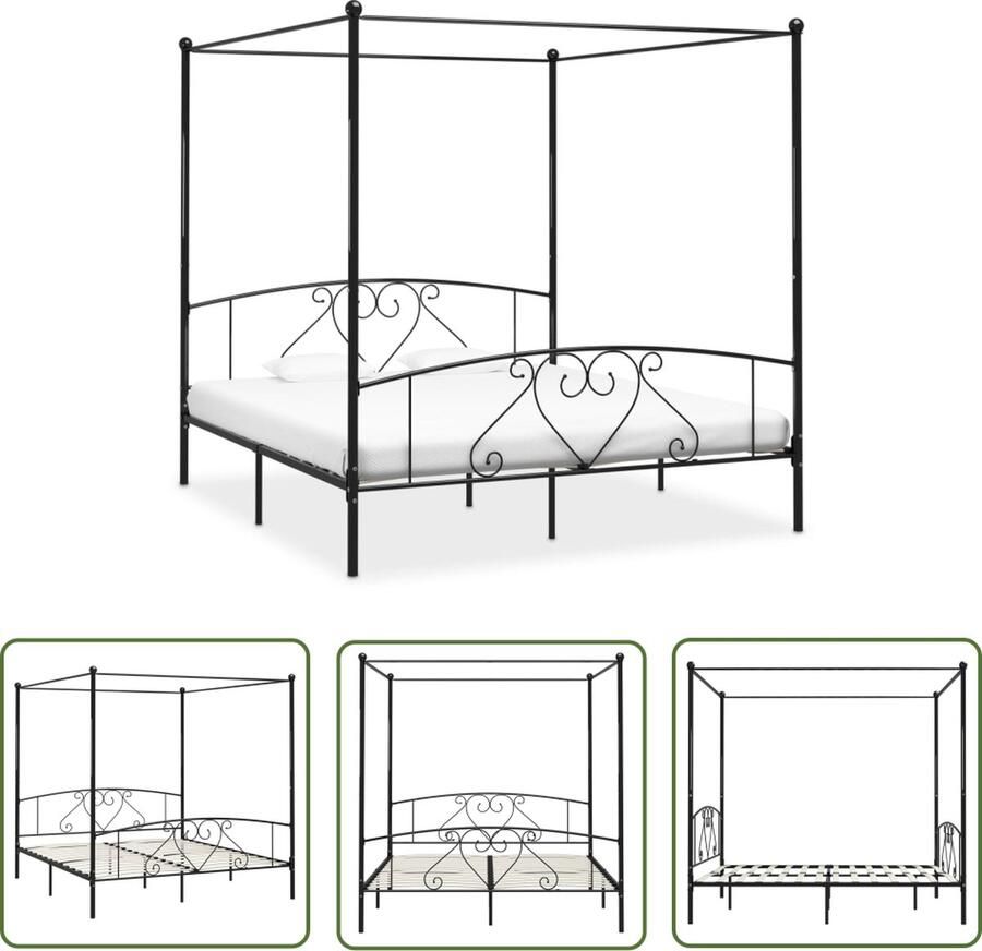 The Living Store Hemelbedframe Metaal 209x207.5x198 cm Zwart Hemelbed Frame Metalen Bed Tweepersoons Bed Zwarte Bed Design Bed