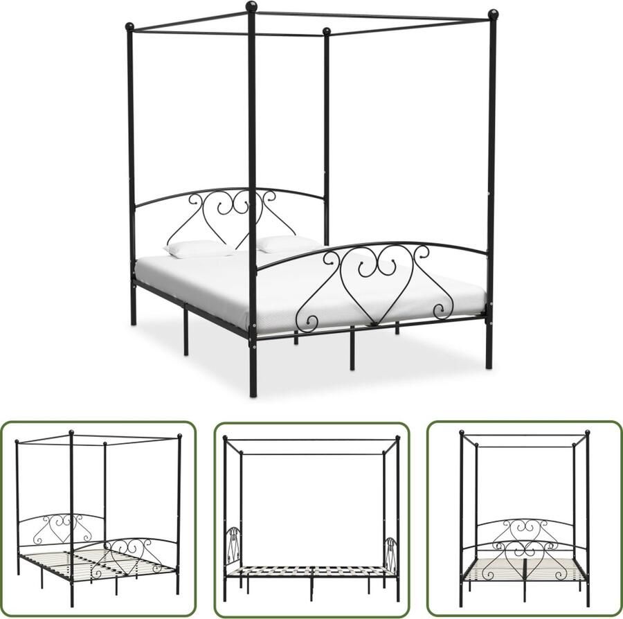 The Living Store Hemelbedframe Metaal 209 x 167.5 x 198 cm Zwart Hemelbed Metalen Bed Tweepersoons Bed Hoofdbord Slaapcomfort
