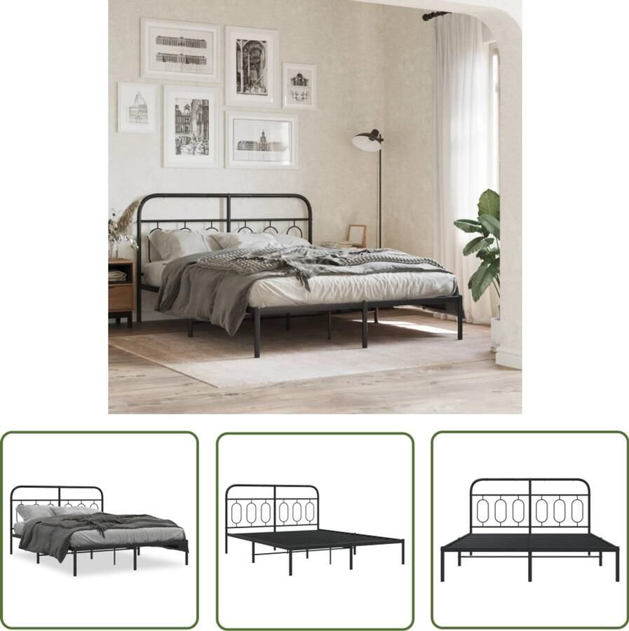 VidaXL Metalen Bedframe Bed Frame Bedframe met hoofdbord metaal zwart 135x190 cm Zwart Bedframe King Size Bedframe Boxspring Frame