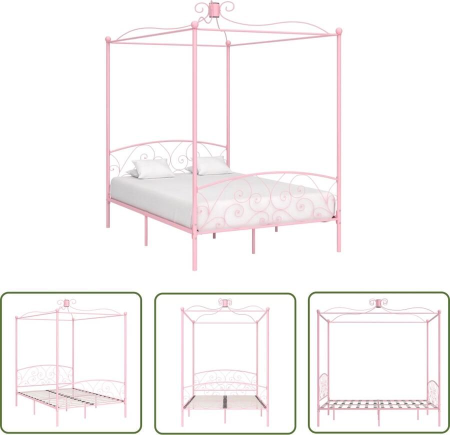 The Living Store Hemelbedframe Metaal Roze 211 x 129 x 227 cm 120 x 200 cm Montage vereist Hemelbed Metalen Bedframe Rozenkleurig Bed Kinderbed Tweepersoonsbed