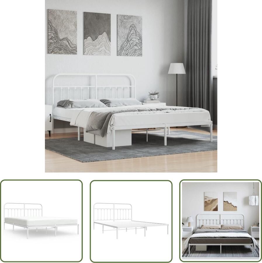 The Living Store Klassiek Bedframe Metalen Constructie Extra Opbergruimte Comfortabele Ondersteuning Wit 219 x 187 x 100 cm Klassieke Bed Frame Metalen Bedframe Wit Boxspring Bed Staal Bedframe