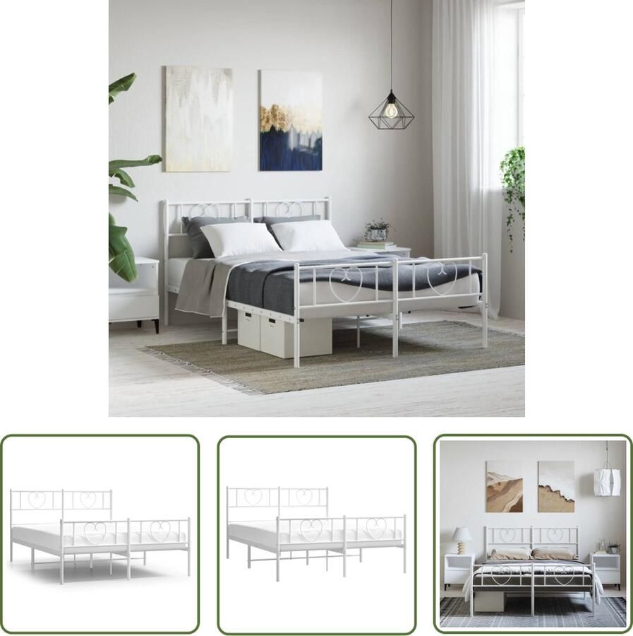 The Living Store Bedframe met hoofd- en voeteneinde metaal wit 135x190 cm Klassieke Bedframe Metalen Bedframe Wit Bedframe 135x190 Bedframe Met Opbergruimte