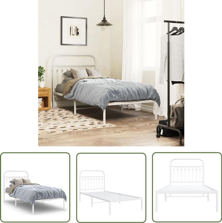 VidaXL Bedframe met hoofdbord metaal wit 90x200 cm Bedframe Metalen Bedframe Staal Bedframe Wit Bedframe Bed 90x200
