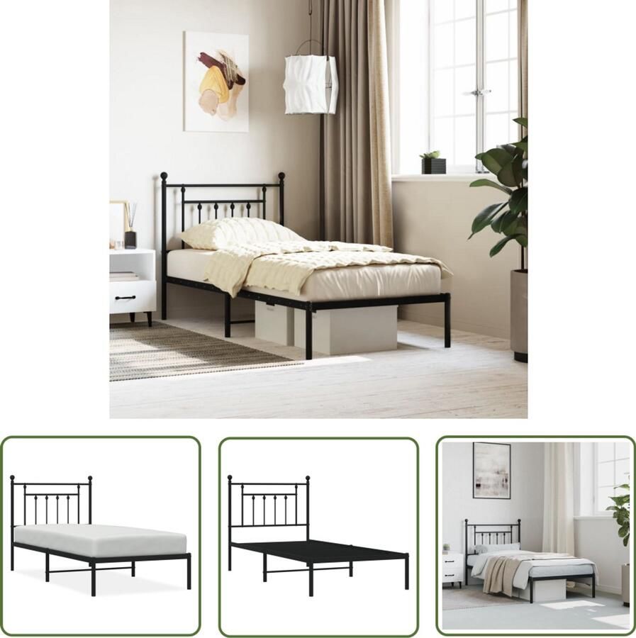 VidaXL Bedframe met hoofdbord metaal zwart 90x200 cm Bedframe Metalen Bedframe Staal Bedframe Boxspring Frame Tweepersoons Bed