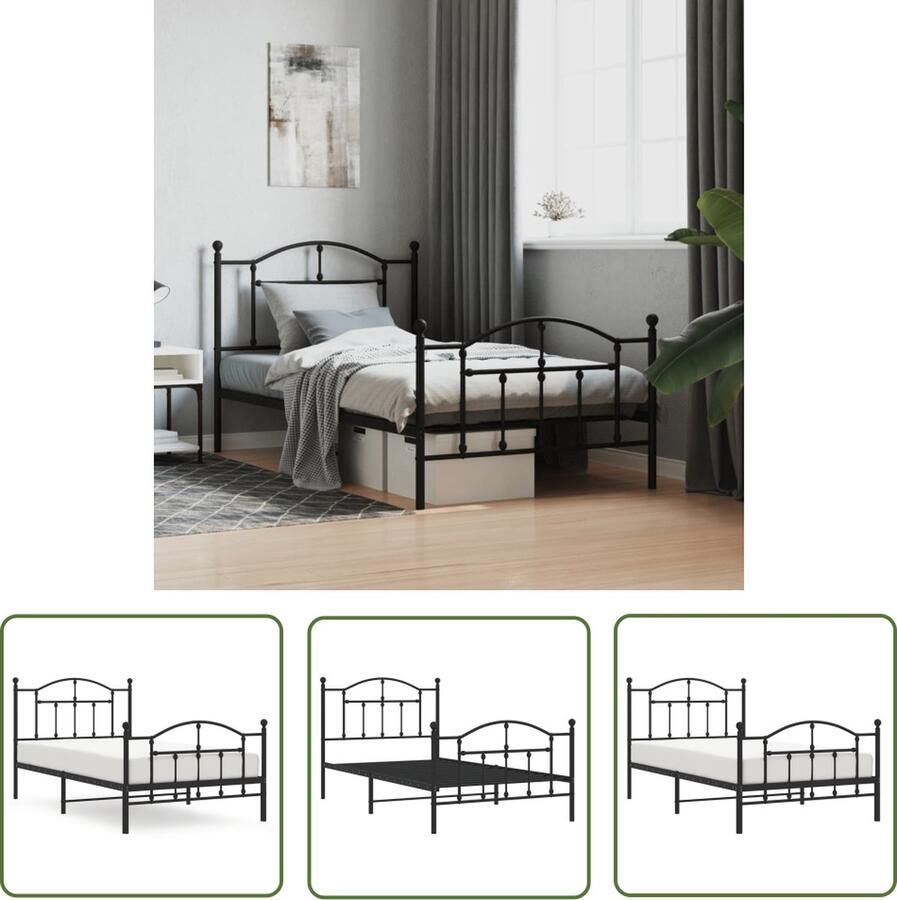 The Living Store Bedframe met hoofd- en voeteneinde metaal zwart 100x190 cm Robuust Bed Frame Metalen Bedframe Vintage Bed Enkelpersoonsbed Boxspring Bed