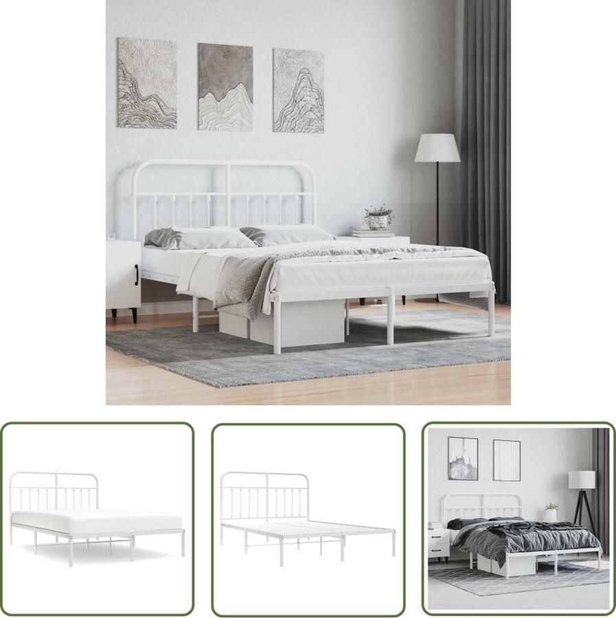 The Living Store Bedframe Classic Wit 196 x 142 x 100 cm Robuuste metalen constructie Robuust Bed Frame Metalen Bedframe Klassiek Bed Wit Bed Met Hoofdbord