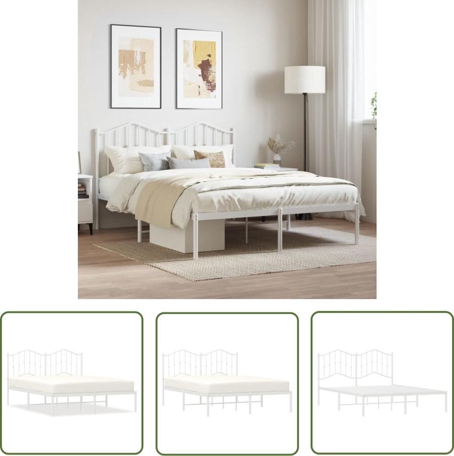 The Living Store Bedframe Basic Wit 196 x 142 x 98 cm Robuuste metalen constructie Robuust Bedframe Metalen Bedframe Wit Bedframe Met Hoofdbord Boxspring Frame
